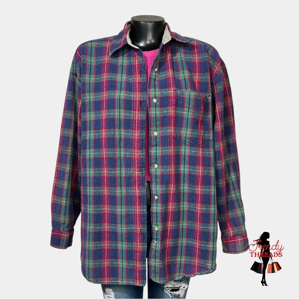 Vintage NorthCrest Plaid Distressed Flannel Mens LARGE Pocket Fall Button Shirt - Picture 2 of 8